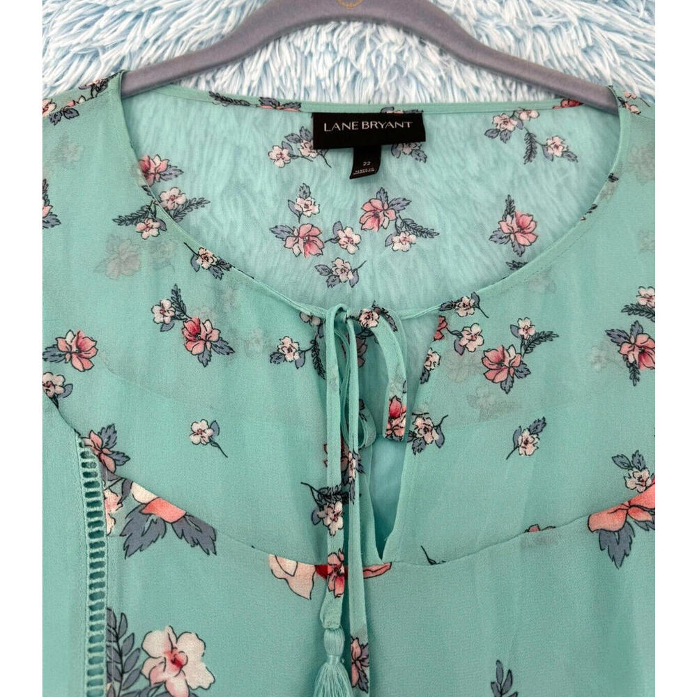 Lane Bryant Women's Size 22 Floral Balloon Sleeve Keyhole Tassel Neck Top - Chic - Picture 6 of 13